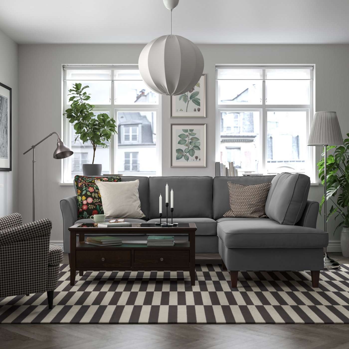 A Hakebo dark grey EKHOLMA corner sofa, 4-seat with open end in the living room
