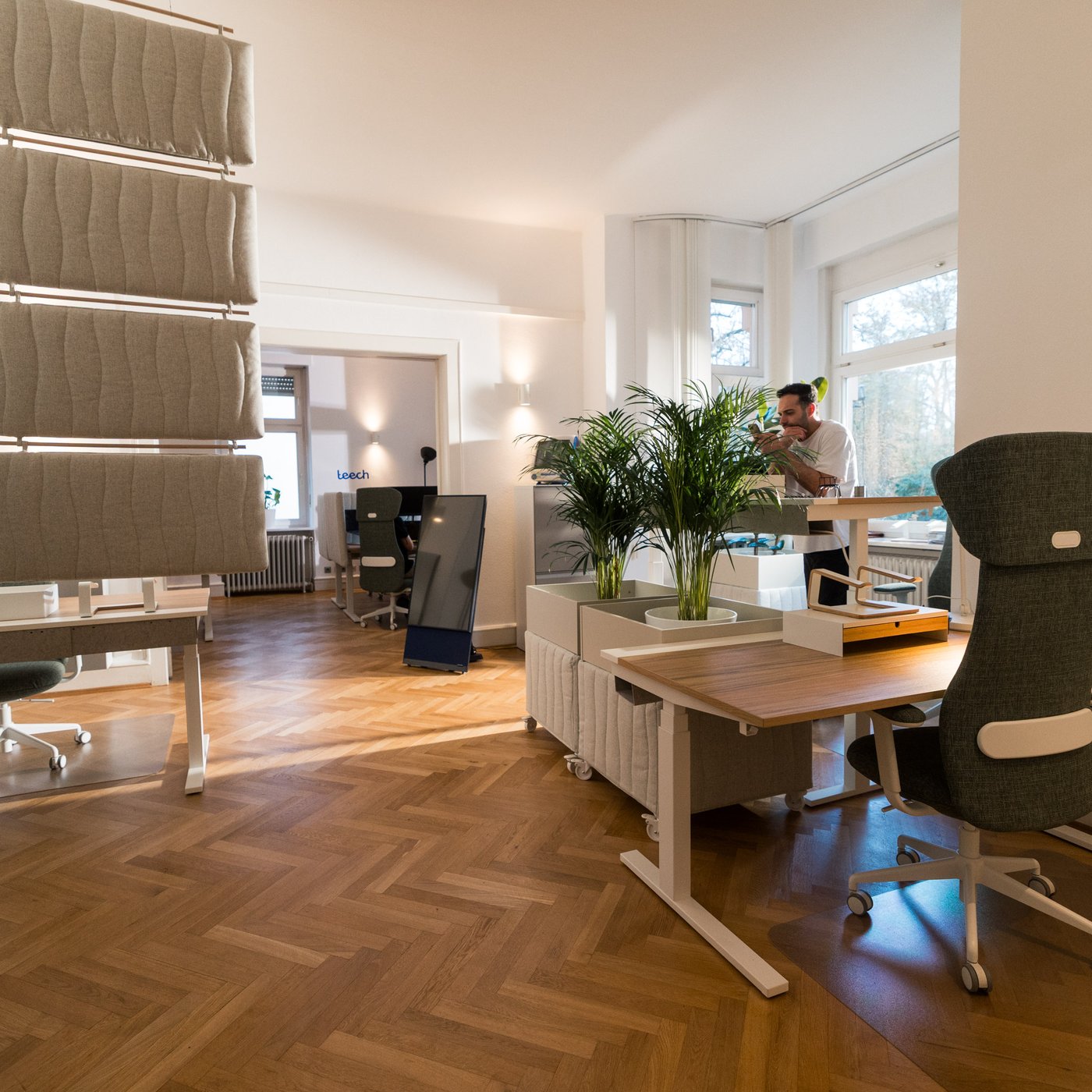 Helles, modern eingerichtetes Büro mit höhenverstellbaren Schreibtischen, Pflanzen und akustischen Raumteilern; eine Person arbeitet im Hintergrund an einem Tisch.