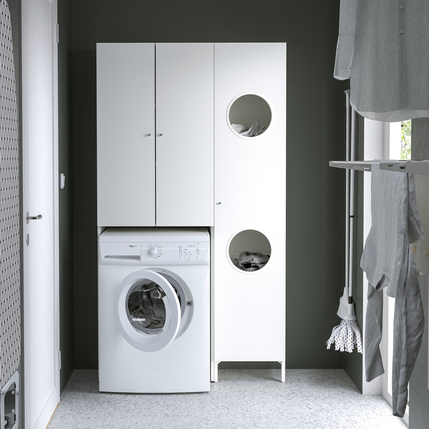 A white NYSJÖN storage combination for laundry in the laundry room