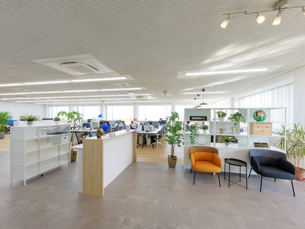 観葉植物とソファ、アームチェアを配置した開放的なオフィスラウンジ。白い天井と大きな窓から光が差し込む明るい空間。