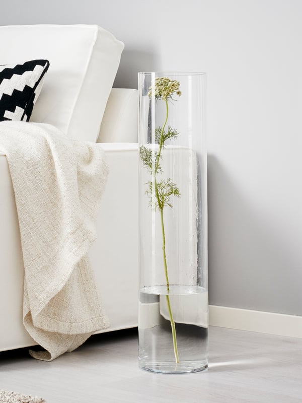 Eine hohe Standvase in zylindrischer Form aus Klarglas steht neben einem weißen Sofa und ist gefüllt mit 1/4 Füllhöhe Wasser und einer einzelnen Blüte mit langem Stängel.