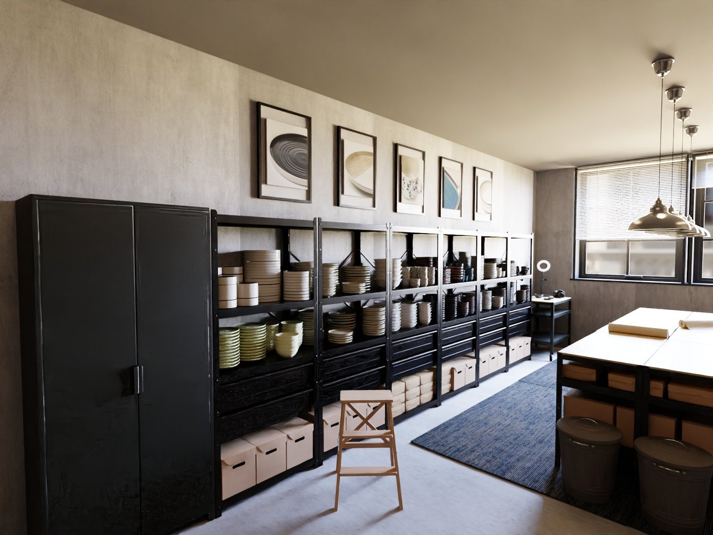 Blick in einen Verkaufsraum. Auf der rechten Seite eine große Arbeitsfläche aus mehreren Werktischen zusammengestellt. Darüber eine Reihe Hängeleuchten. Auf der rechten Seite über die gesamte Wand hohe Regale mit Geschirr und Verpackungsmaterialien.