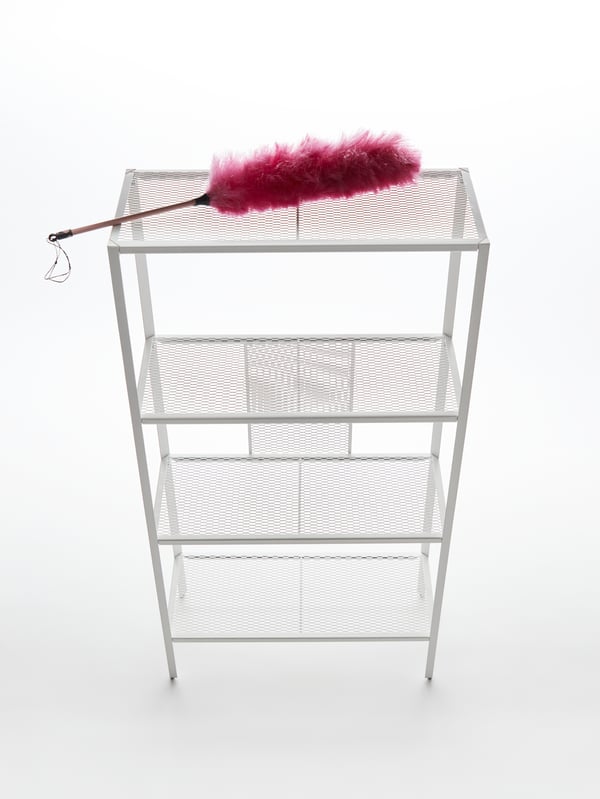 A BAGGEBO shelving unit with a red feather duster on the top shelf in a white studio space.