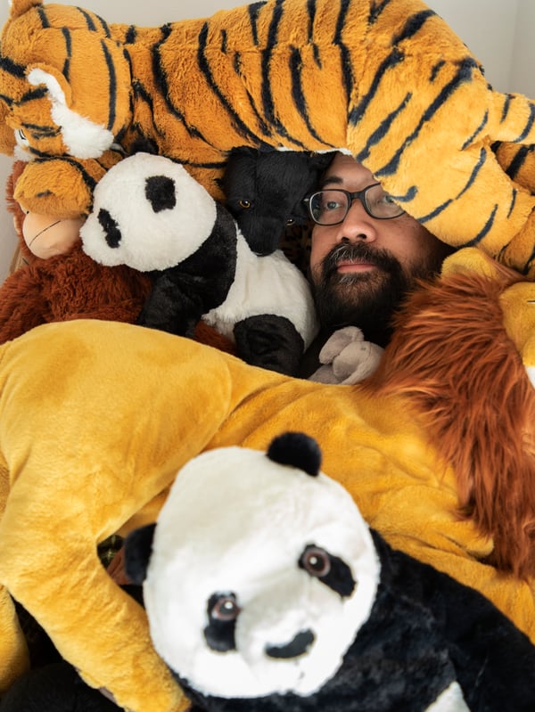 A man with glasses and a beard lies among a whole bunch of DJUNGELSKOG soft toys. Only his face shows.