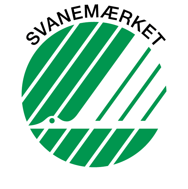 Svanemærets logo - en grøn cirkel med en hvide streger og en hvid stiliseret svane i midten, med teksten "Svanemærket" ovenover cirklen.