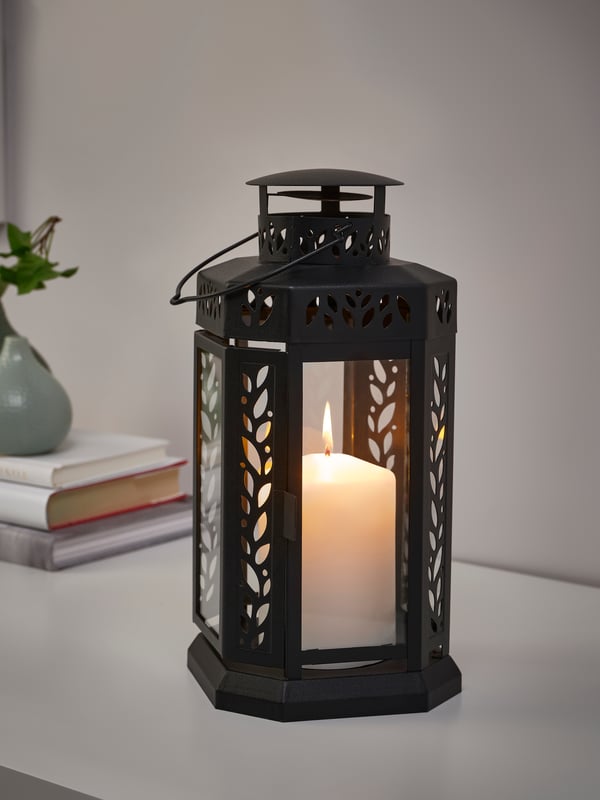 A black ENRUM lantern f block candle, in/outdoor