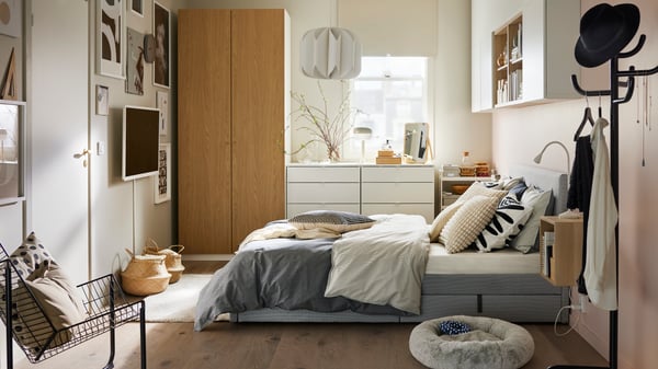 A GLADSTAD upholstered bed with storage and BLÅVINDA bed linen on it, by a white/oak effect PAX/STORKLINTA wardrobe and two white chests of drawers.