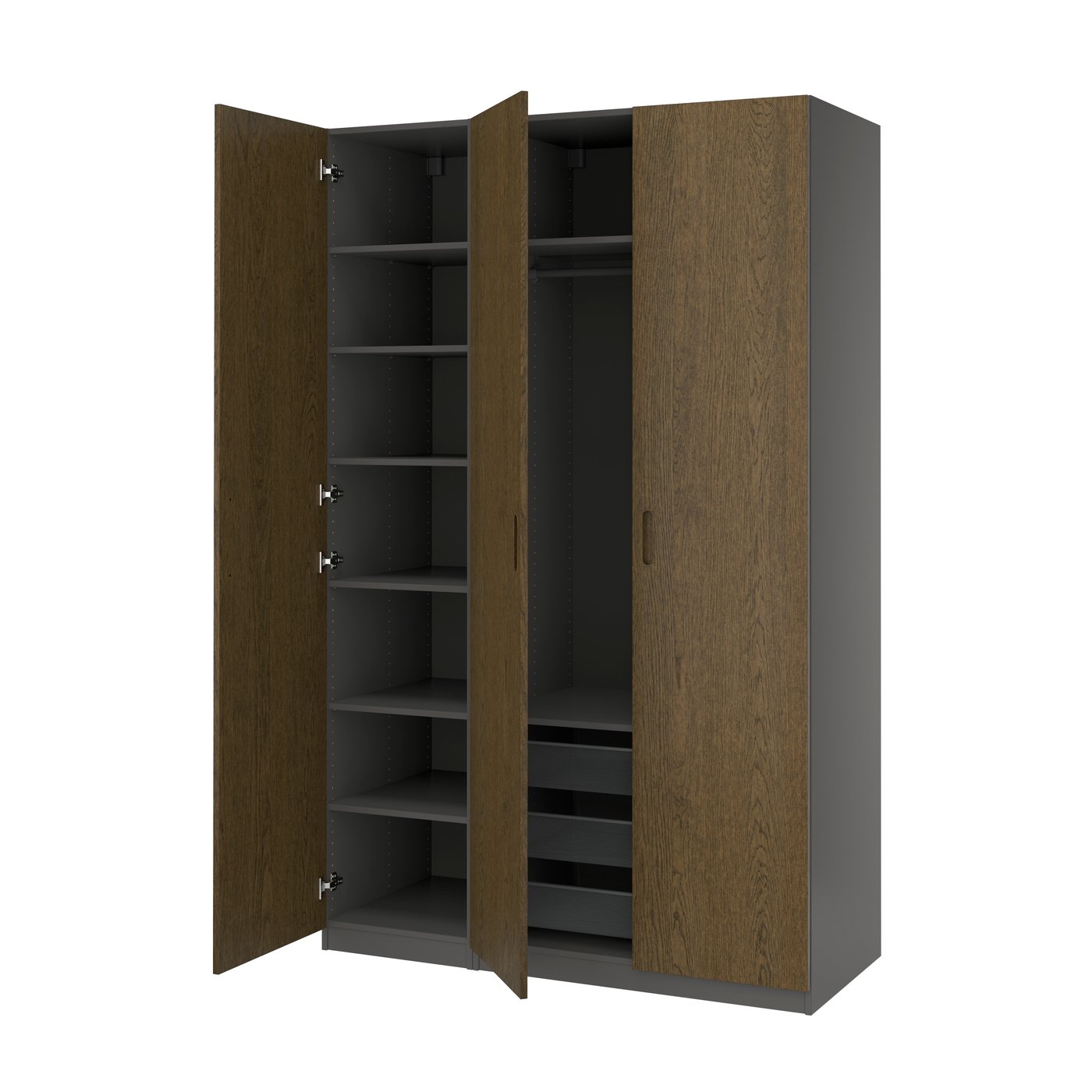 IKEA PAX / TONSTAD garderobskombination, mörkgrå/brun betsad ekfaner, 150x60x236 cm