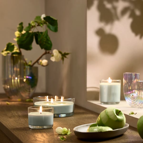An Apple light green LOTSFÅGEL scented candle in glass, 3 wicks