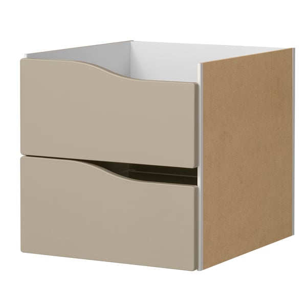 A wave shaped/beige KALLAX insert with 2 drawers