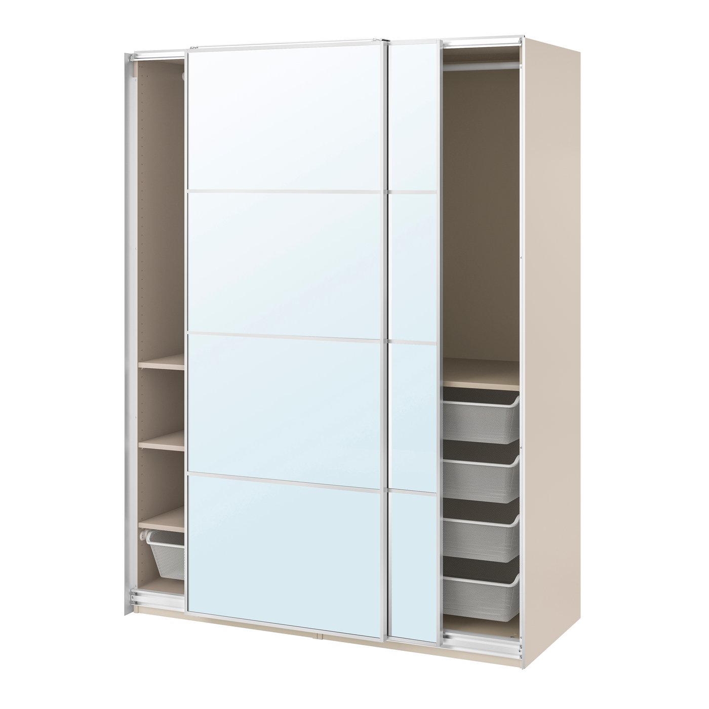 IKEA PAX / AULI garderob med skjutdörrar, gråbeige/spegelglas, 150x66x201 cm