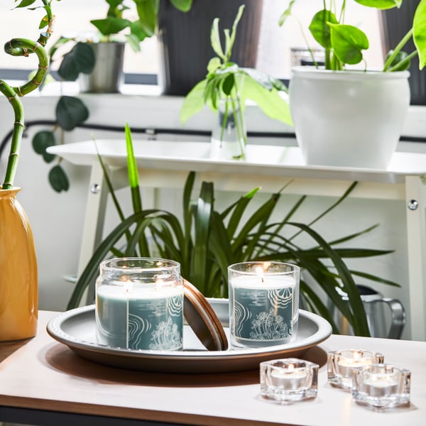 A bergamot & cedarwood/pale green BUKETTAPEL scented candle in glass