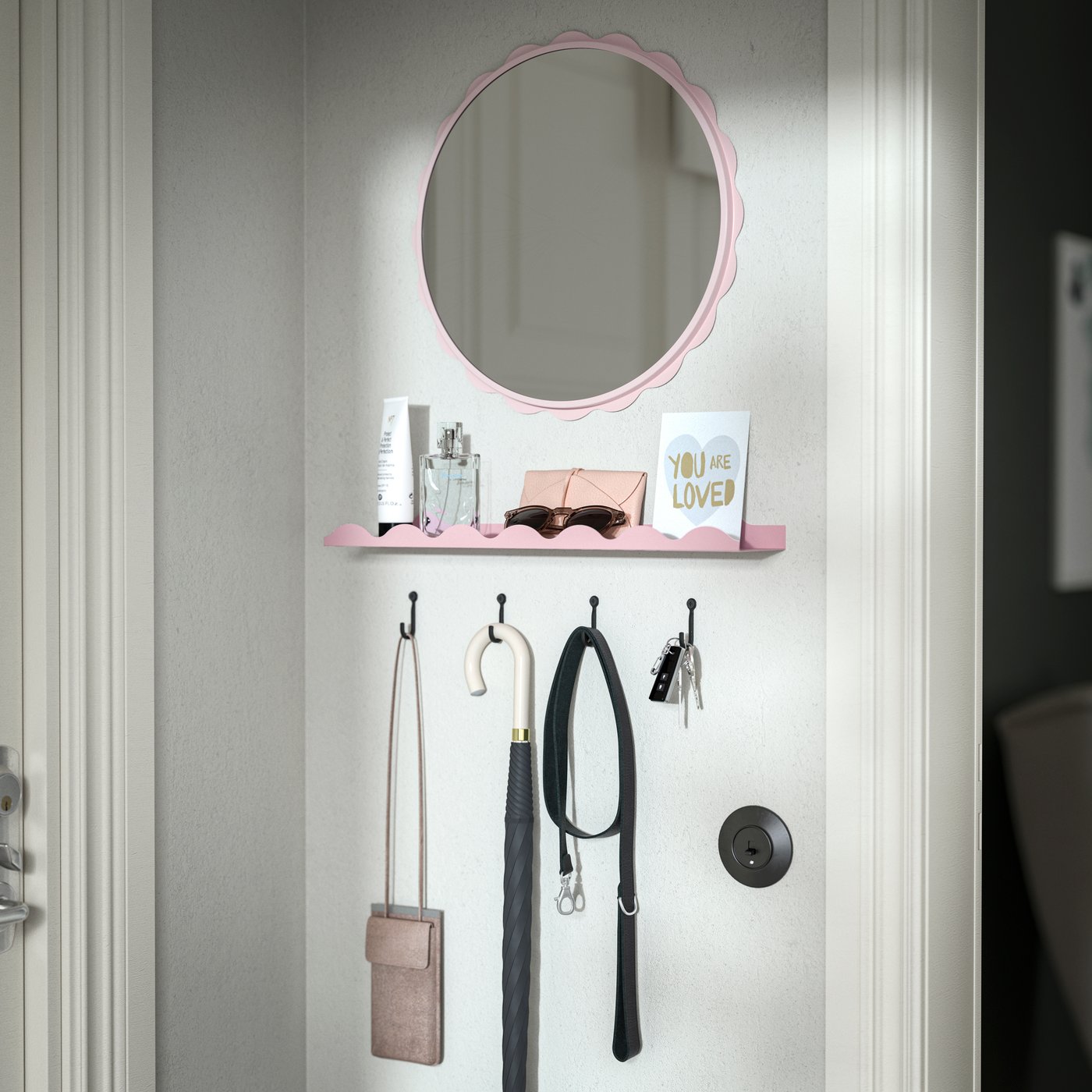 Wall with mirror, shelf and hooks