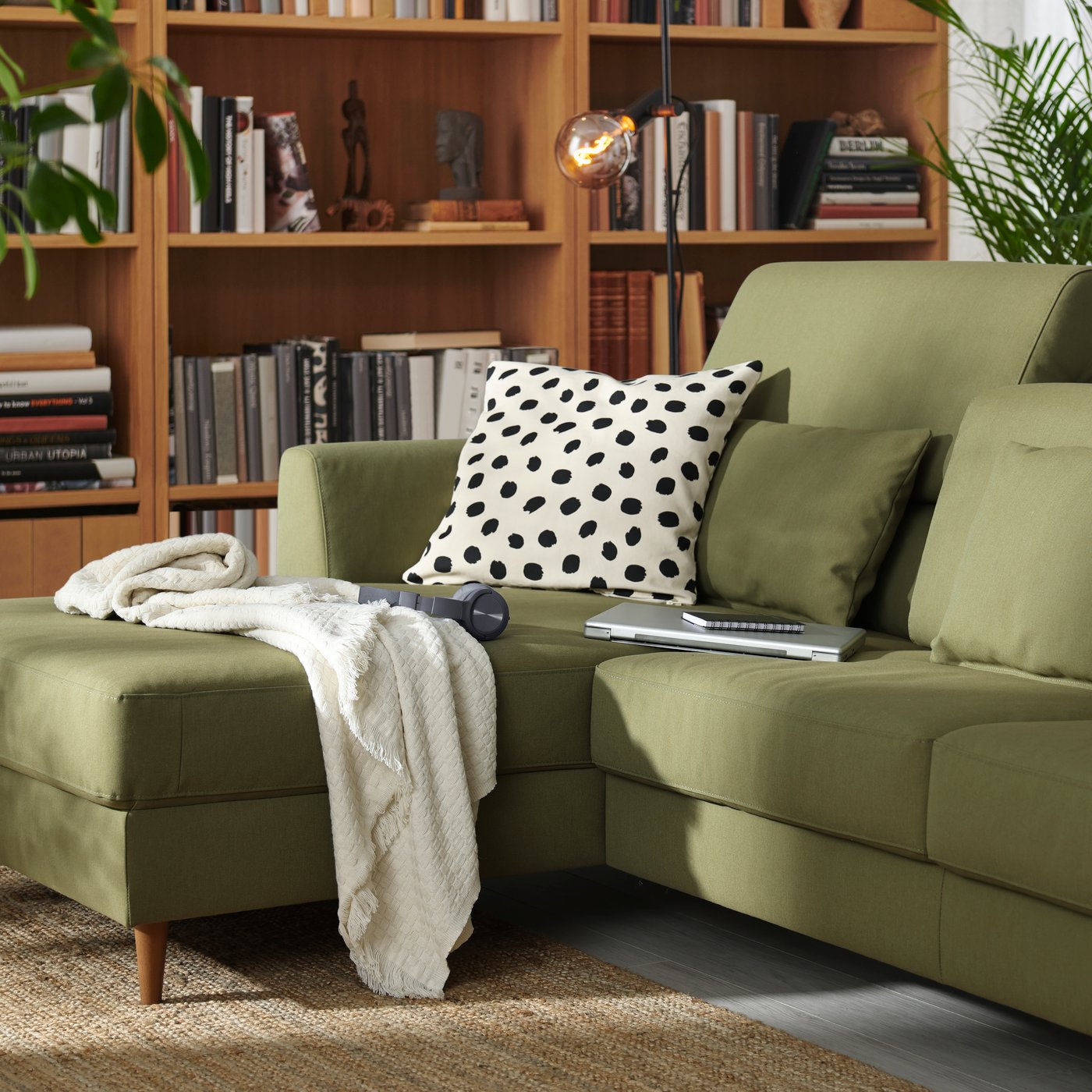 A Vissle yellow-green SLATORP 3-seat sofa with chaise longue