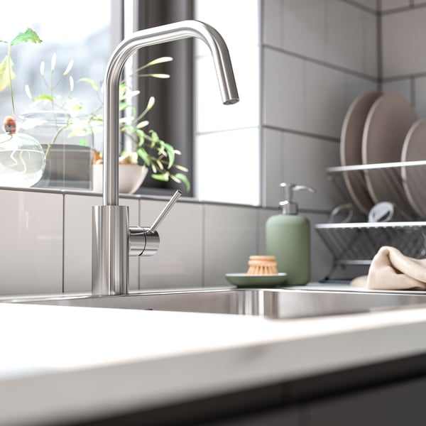 A stainless steel colour ÄLMAREN kitchen mixer tap