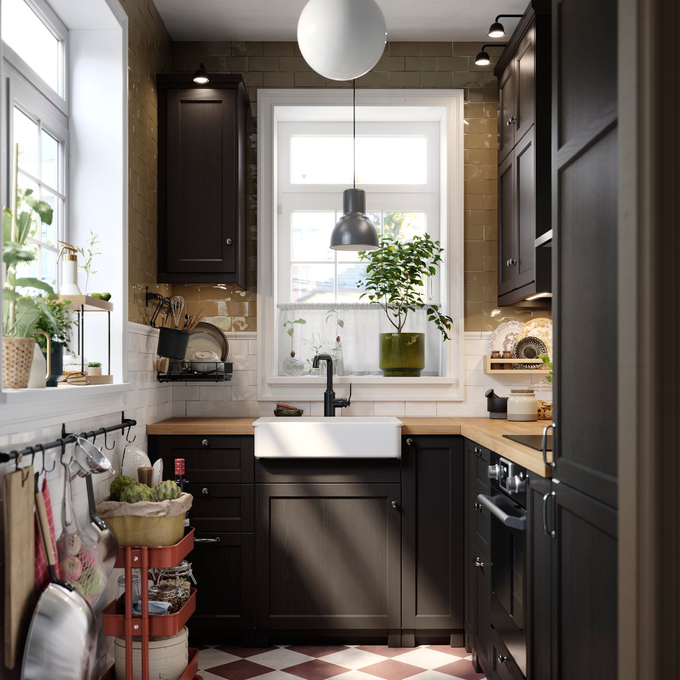 A kitchen featuring METOD wall cabinetSwith black stained LERHYTTAN fronts, beside a sink and wooden countertop.