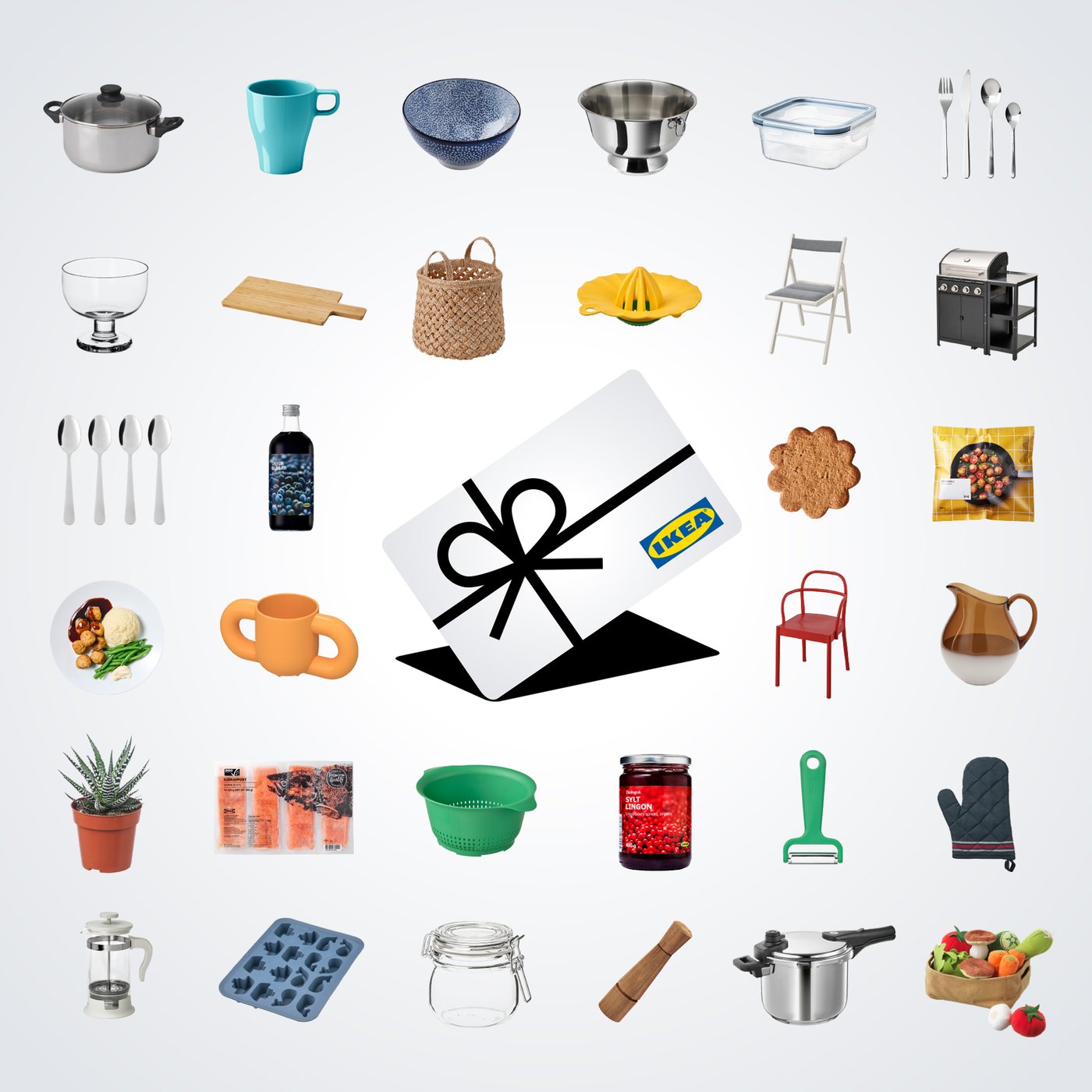 Slika prikazuje mrežno postavitev različnih predmetov za dom, vključno s kuhinjskimi pripomočki, posodo, stoli, rastlino v lončku, hrano in veliko darilno kartico IKEA v sredini.
