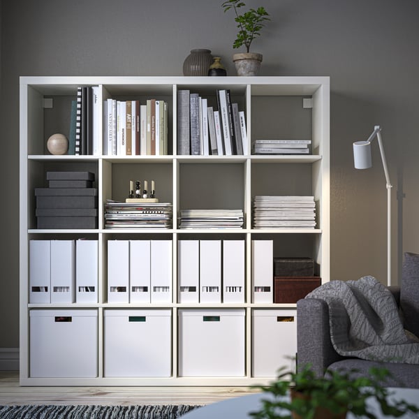 A white KALLAX shelving unit