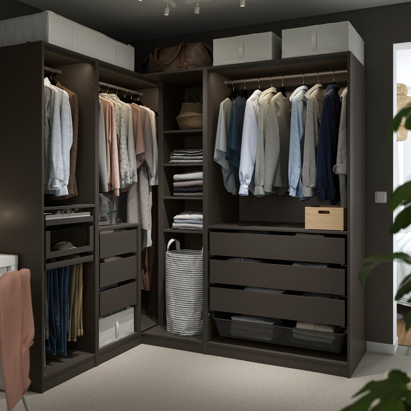 A dark grey PAX corner wardrobe