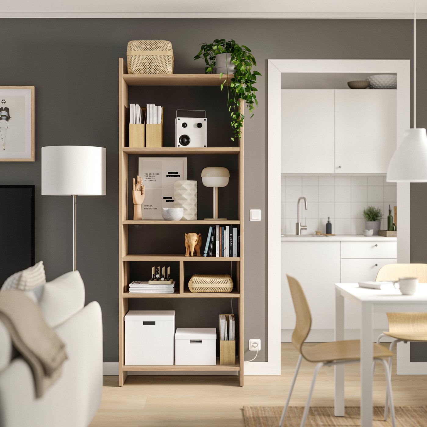 A with 1 shelf insert/oak effect LÅDMAKARE storage combination in the living room