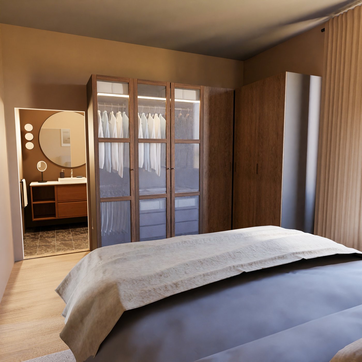 Blick vom Bett in Richtung kleiderschrank mit dunklen Eichetüren und Glastüren. 