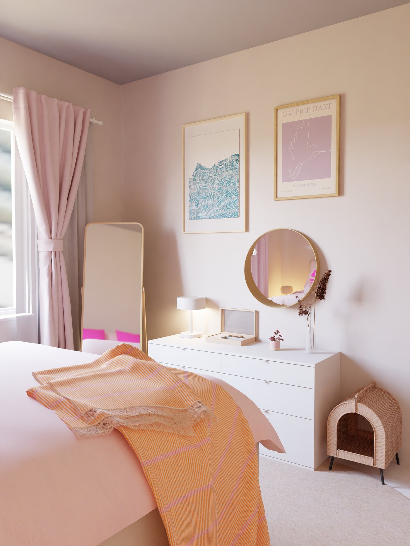 Seite gegenüber des Bettes mit Schubladenkommode und Standspiegel, daneben ein Katzenkorb.