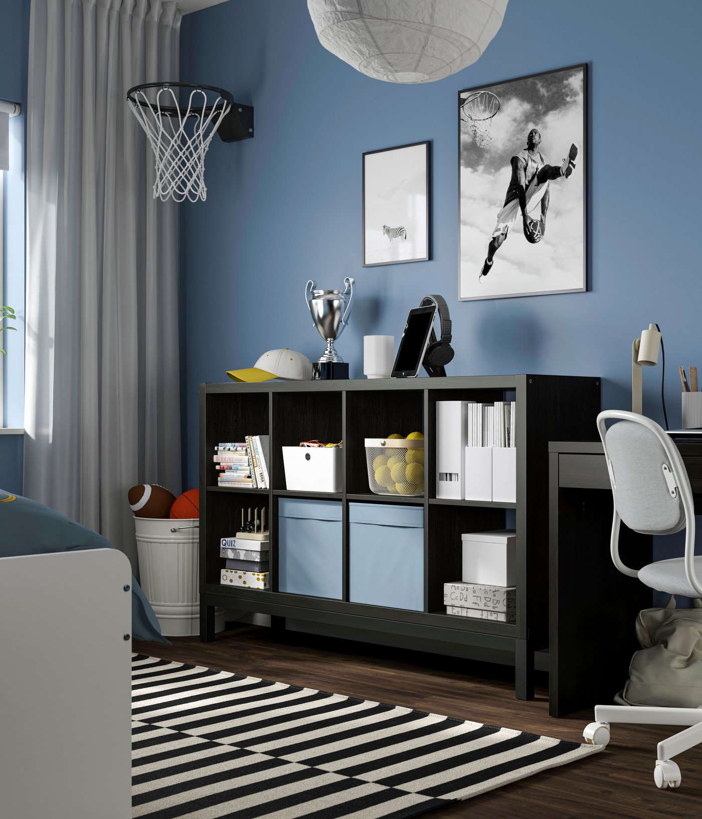 A black-brown/black KALLAX shelving unit with underframe