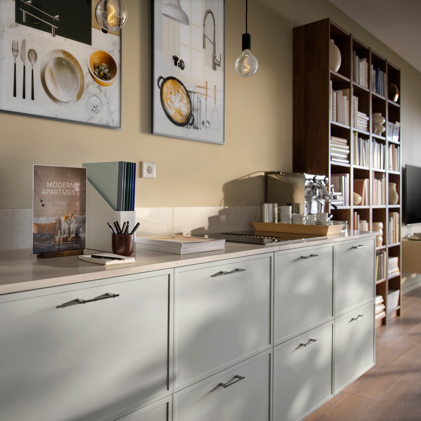 Close-up of a row of kitchen cabinets. There are brochures and samples on the benchtop, and inspirational posters above it.