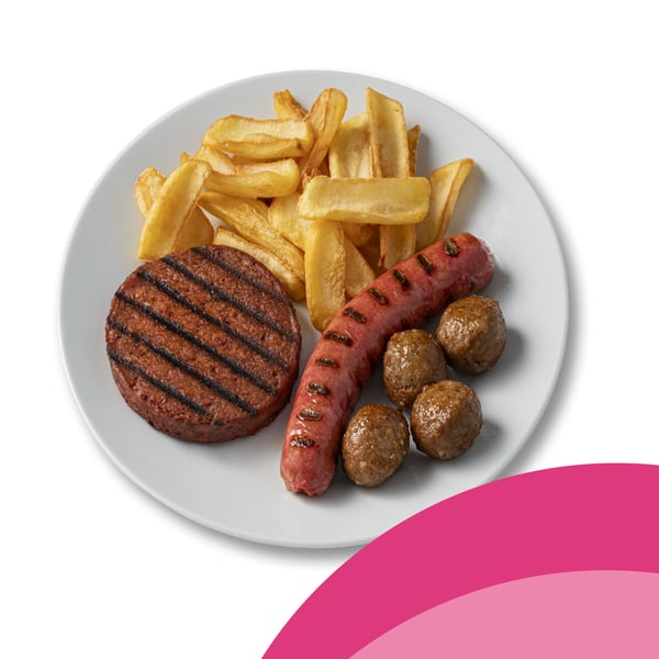 Polpette VegeTali e Quali, salsiccia vegetale, burger vegetale e patatine fritte