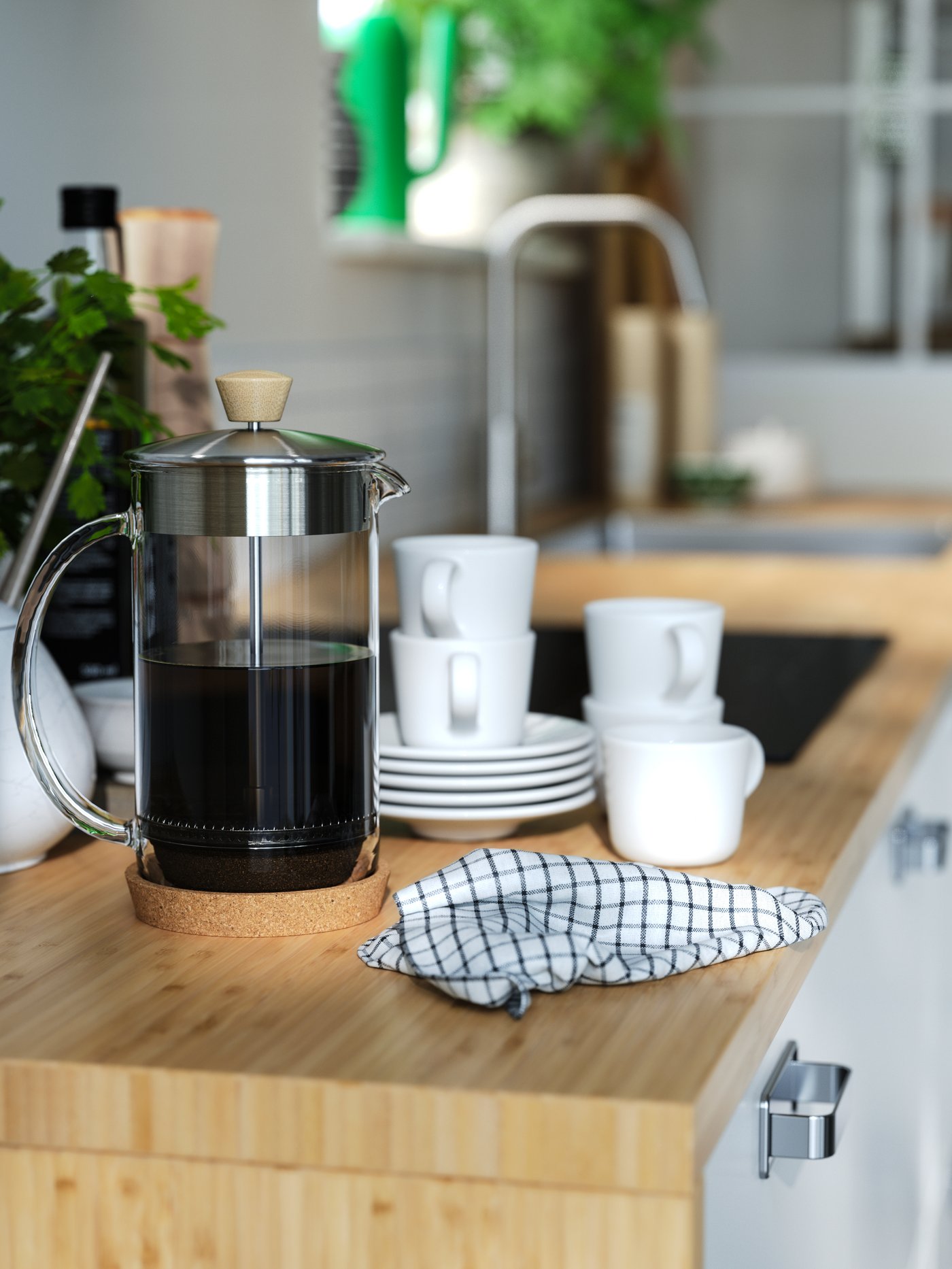 A cork IKEA 365+ coaster in the kitchen
