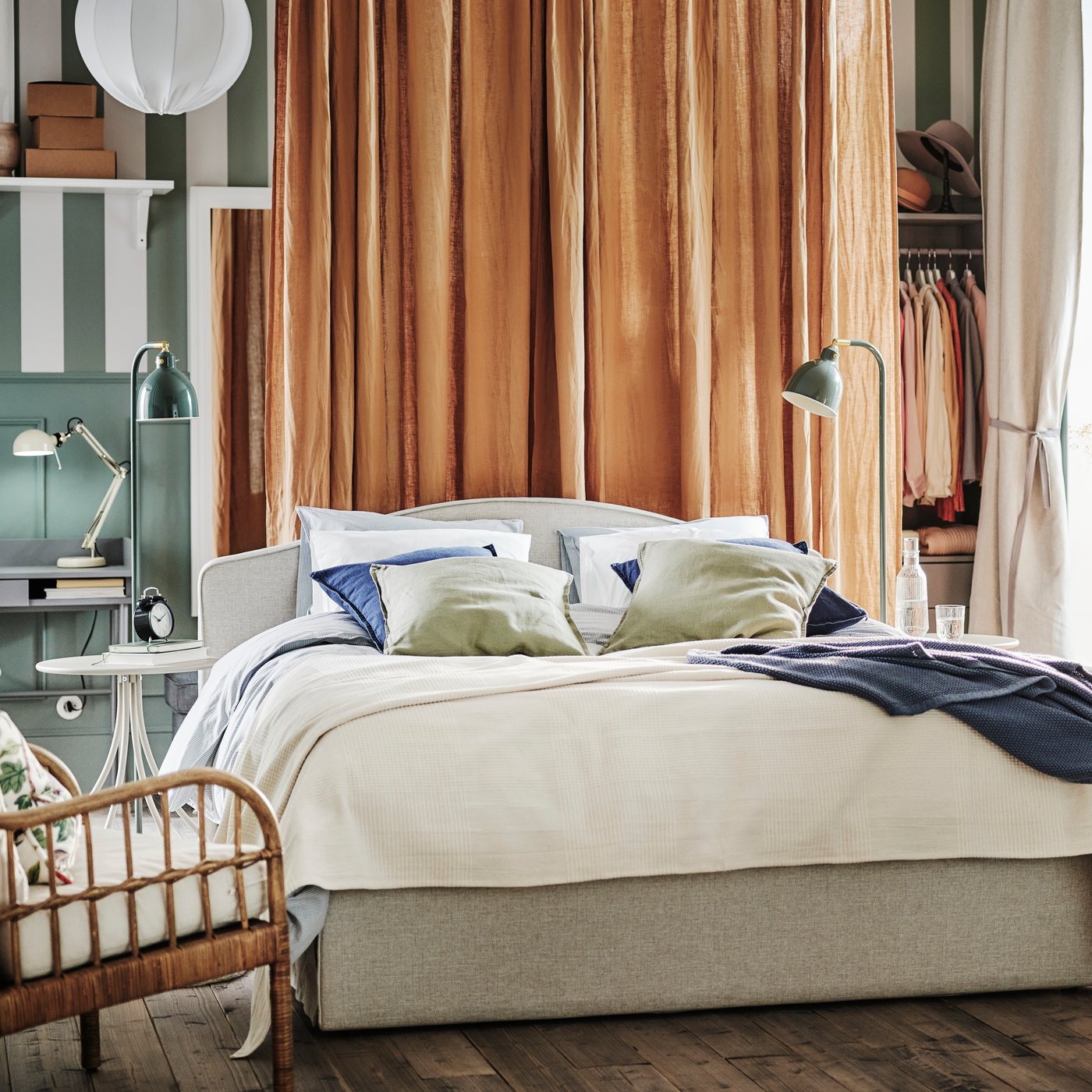 A dark beige/with heading tape DYTÅG curtains, 1 pair in the bedroom