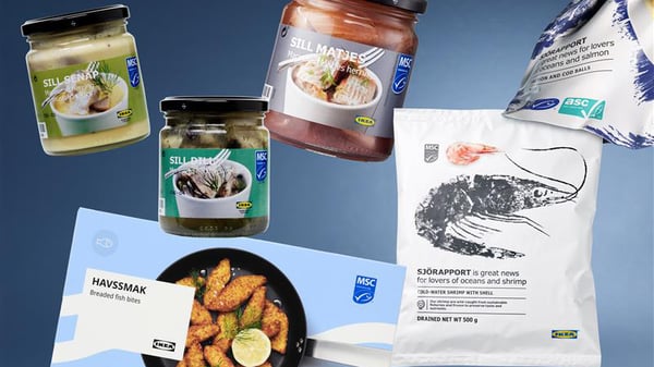 Un collage di prodotti  ittici con il marchio MSC posti su sfondo neutro. 