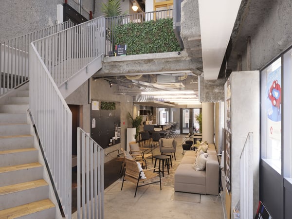 階段と大きな窓がある工業風ラウンジ。ソファや植物が並び、自然光が差し込む開放的な空間
