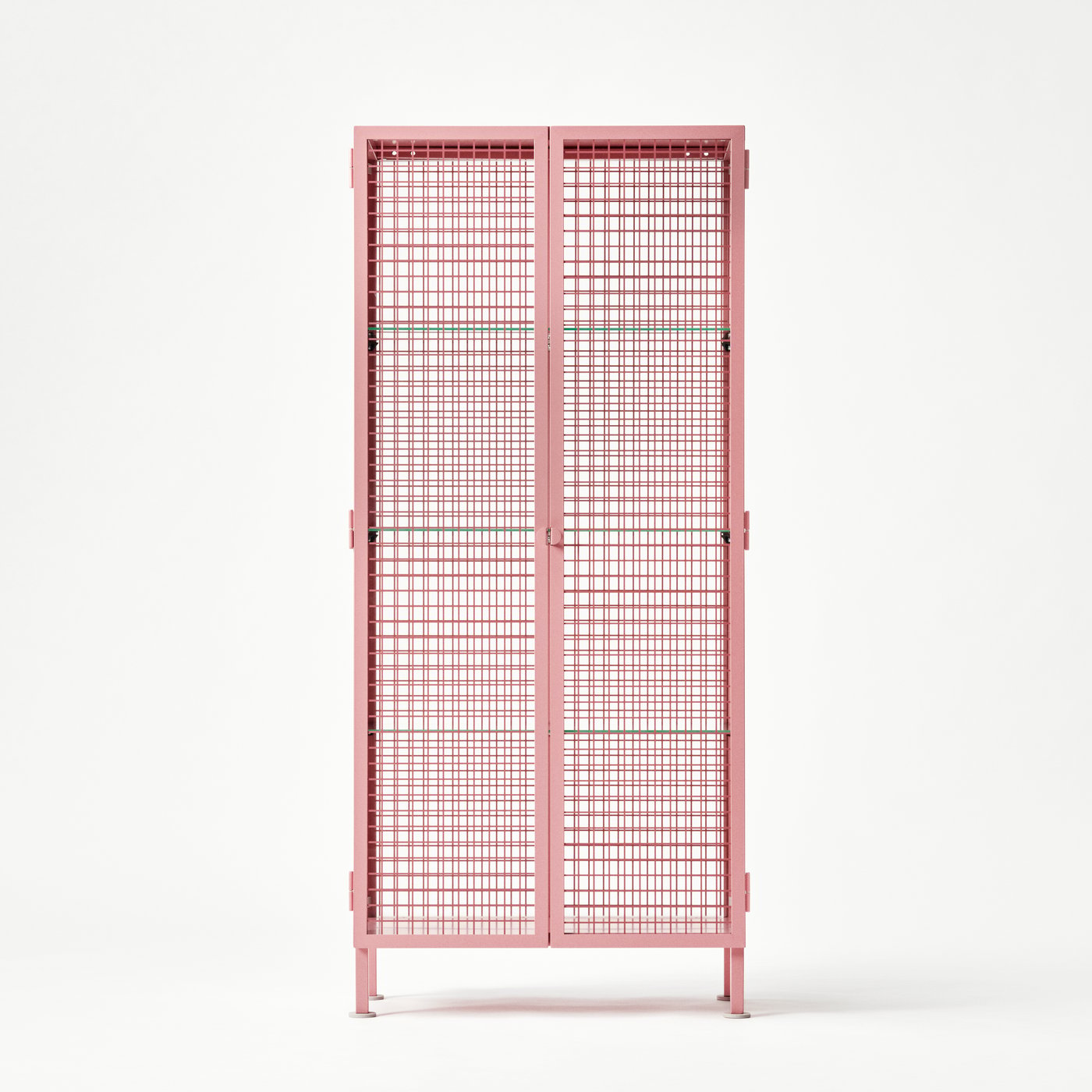 A light pink IKEA PS 2026 glass-door cabinet