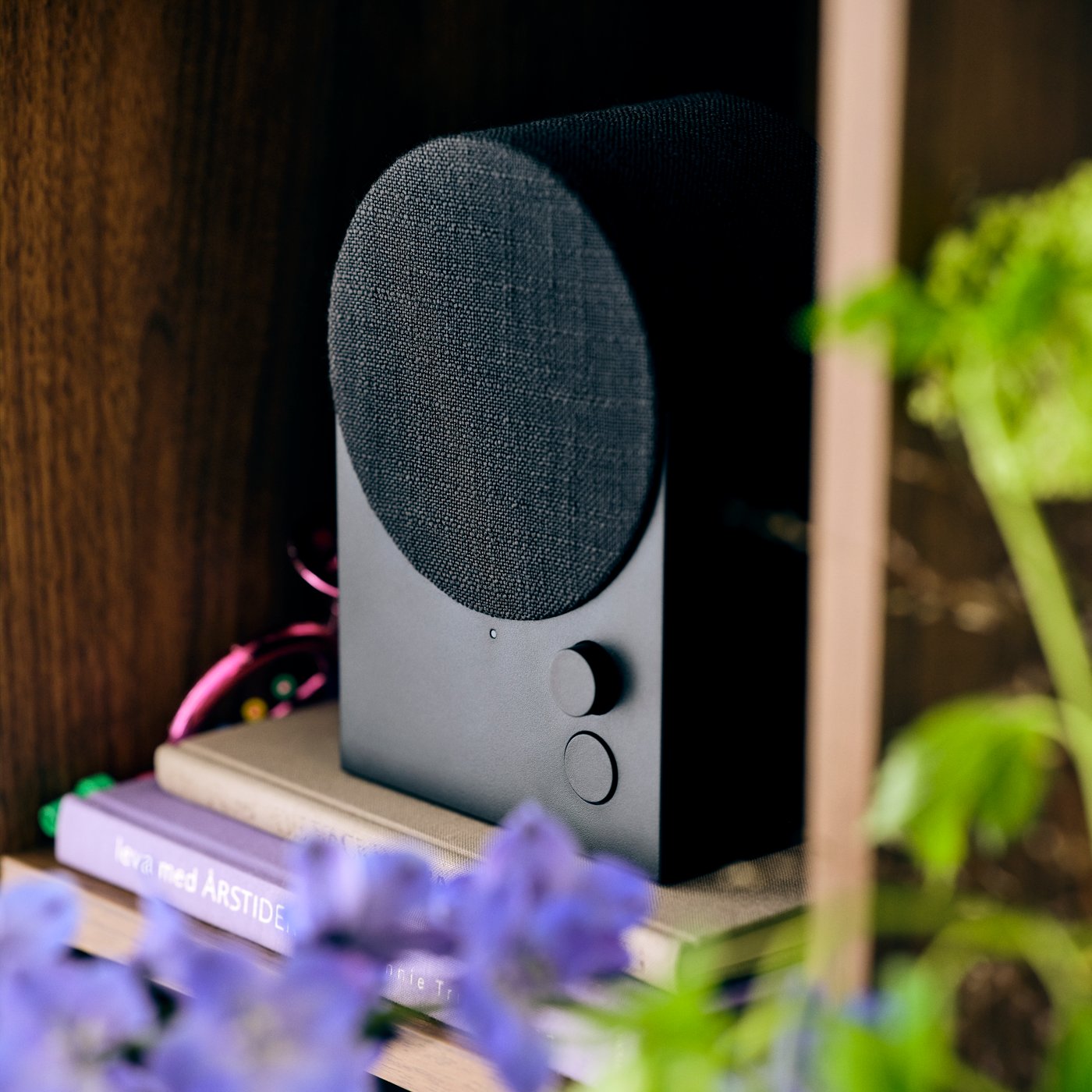 A storage unit with shelves holding a NATTBAD Bluetooth speaker standing on top of a number of books and a green plant.