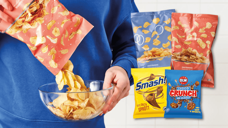Eine Person leert Chips in eine Schüssel. Daneben Abbildungen der Produkte ENSTÄMMIG, SMASH oder CHOCO CRUNCH.