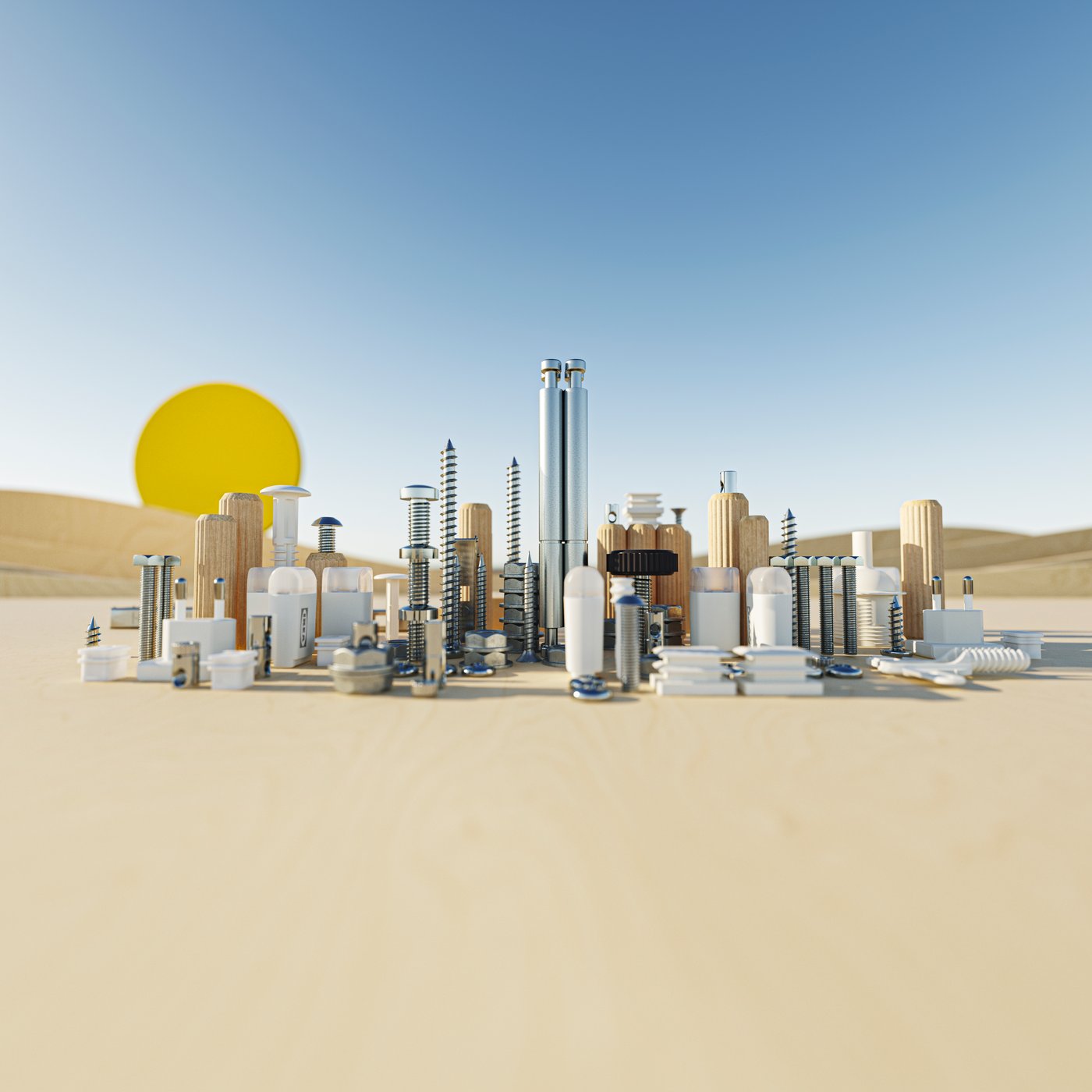 A picture of various spare parts for IKEA furniture made to look like a city on a beige surface imitating sand, a blue background and a yellow circle representing the sun.