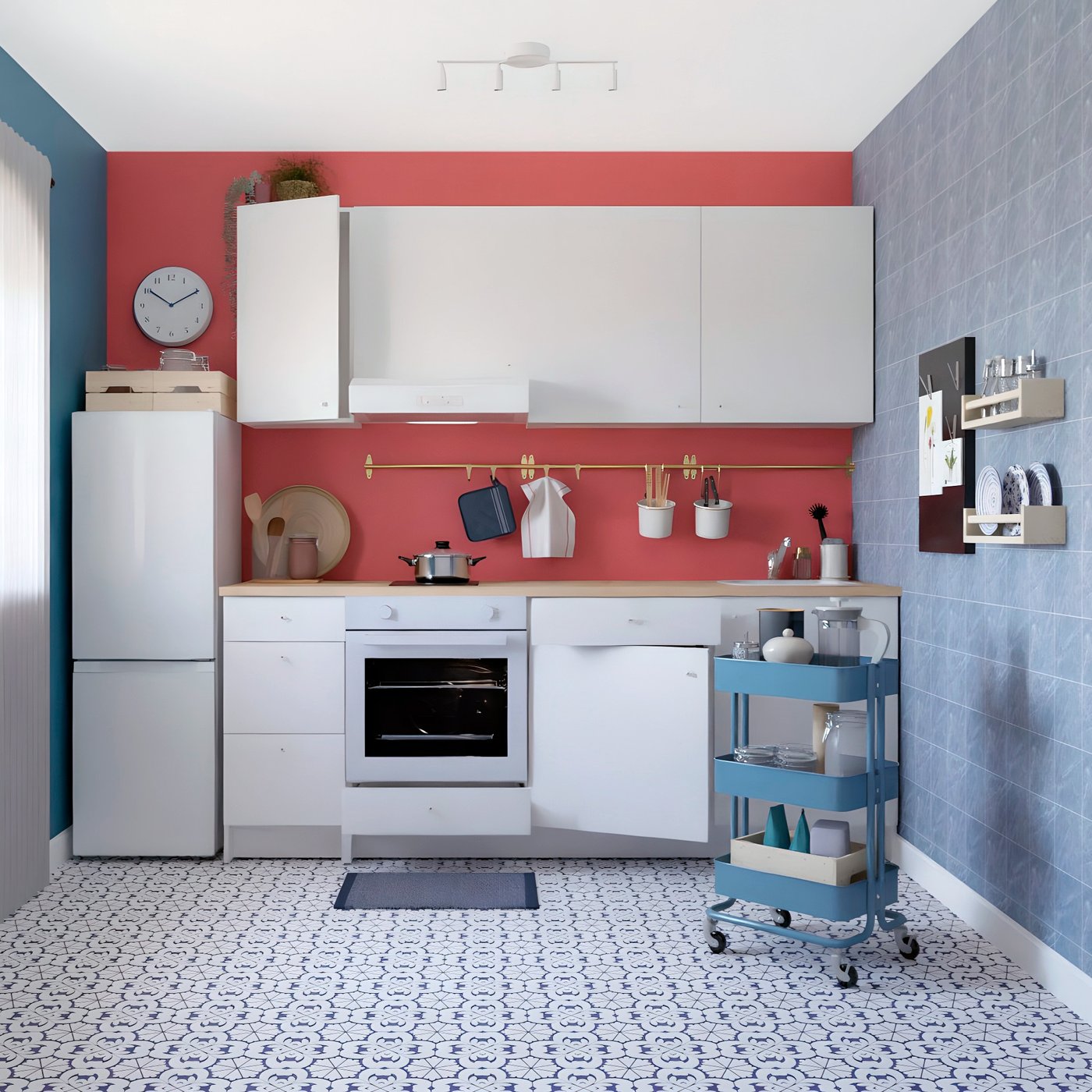 a white KNOXHULT kitchen with a tiled floor and a reddish feature wall