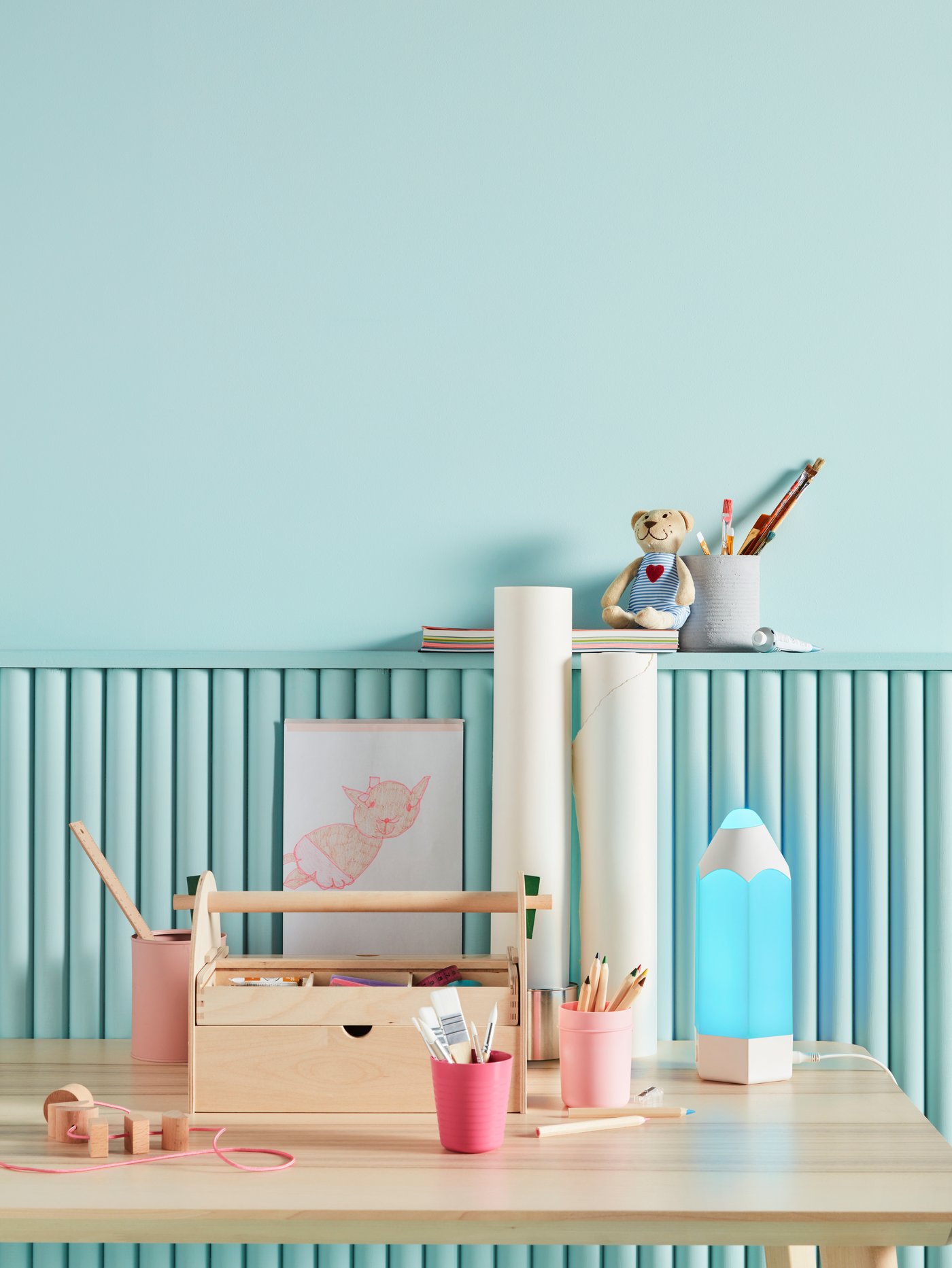 A wood LUSTIGT arts and crafts storage in the bedroom