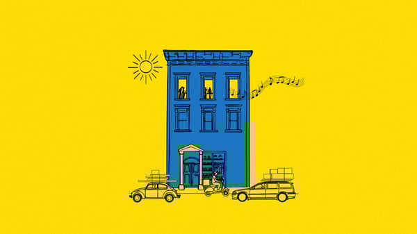 Blue three-story building with storefront, cars carrying luggage, scooter rider, and musical notes from upper windows on yellow background.