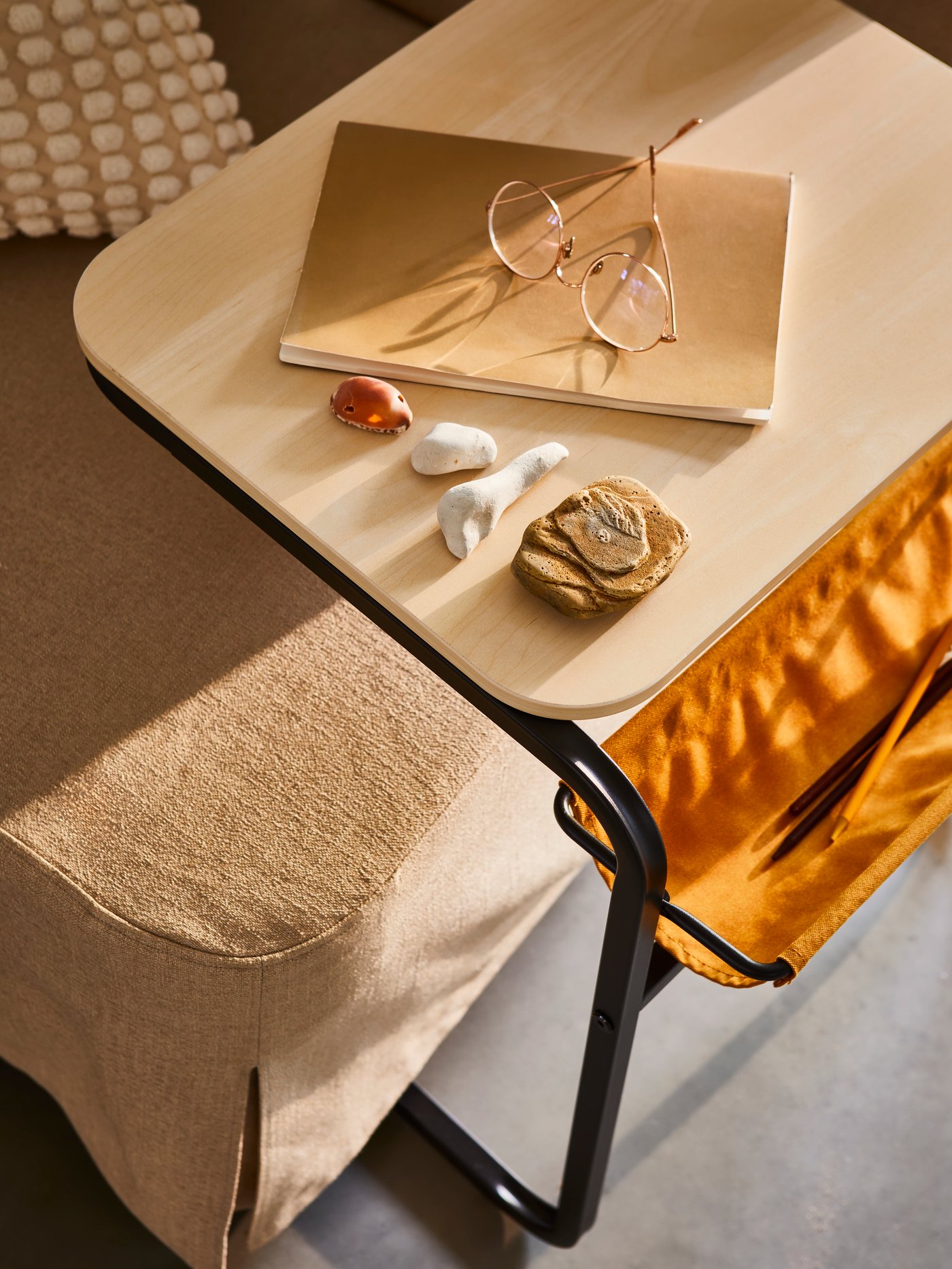 An anthracite/birch effect dark yellow OLSERÖD side table