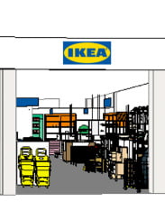 イケア店内の家具売り場。ロゴが見える広々としたレイアウトに、収納グッズとインテリアが整然と並ぶ。