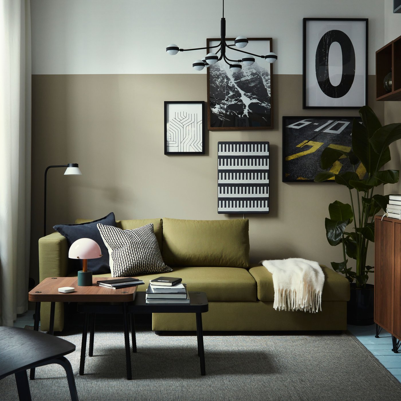 A black/white STORSLINGA LED chandelier, 8-armed in the living room