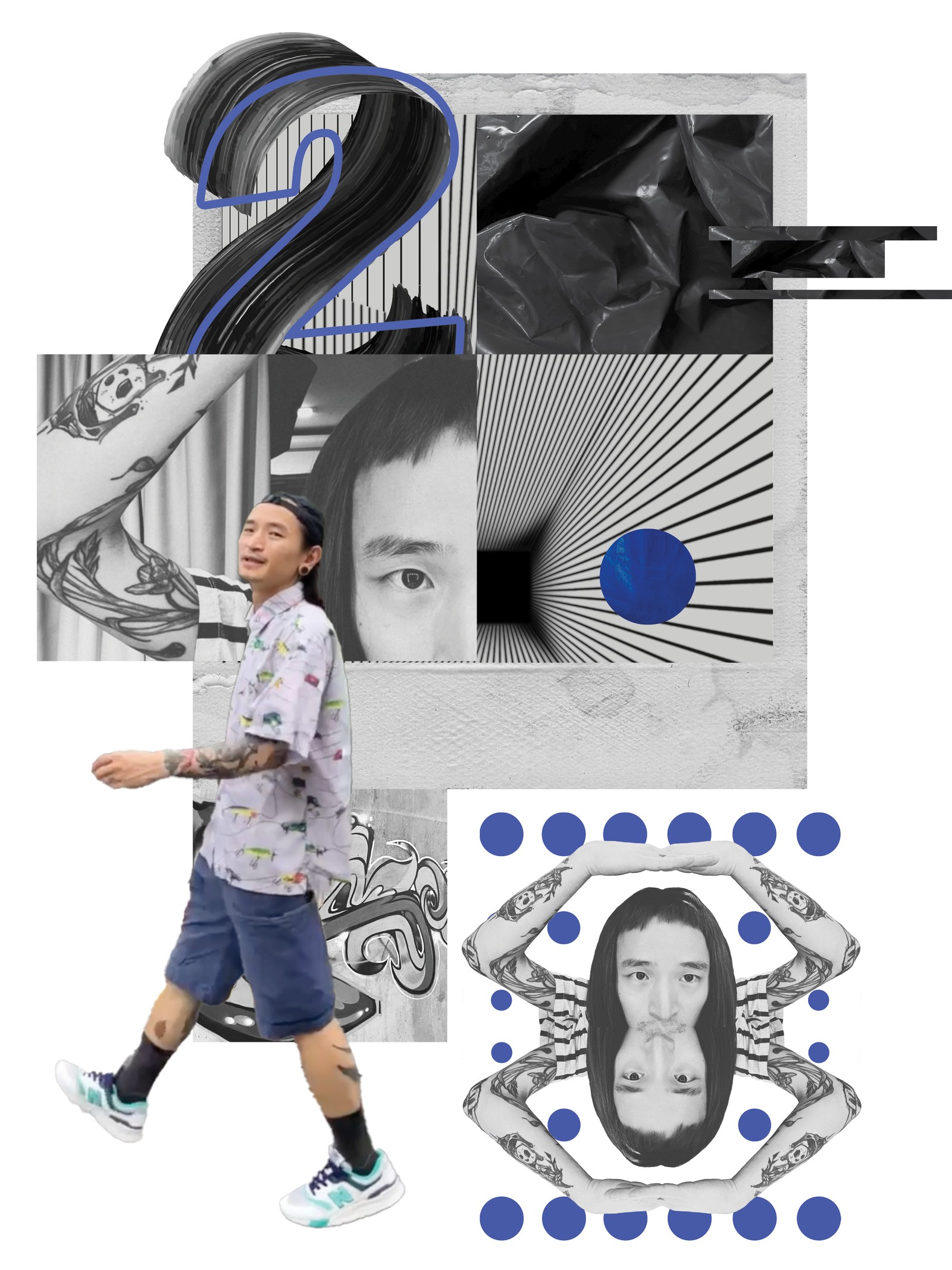 Tabla za inspiraciju crne, sive i plave boje s portretima na kojima je Ronos.