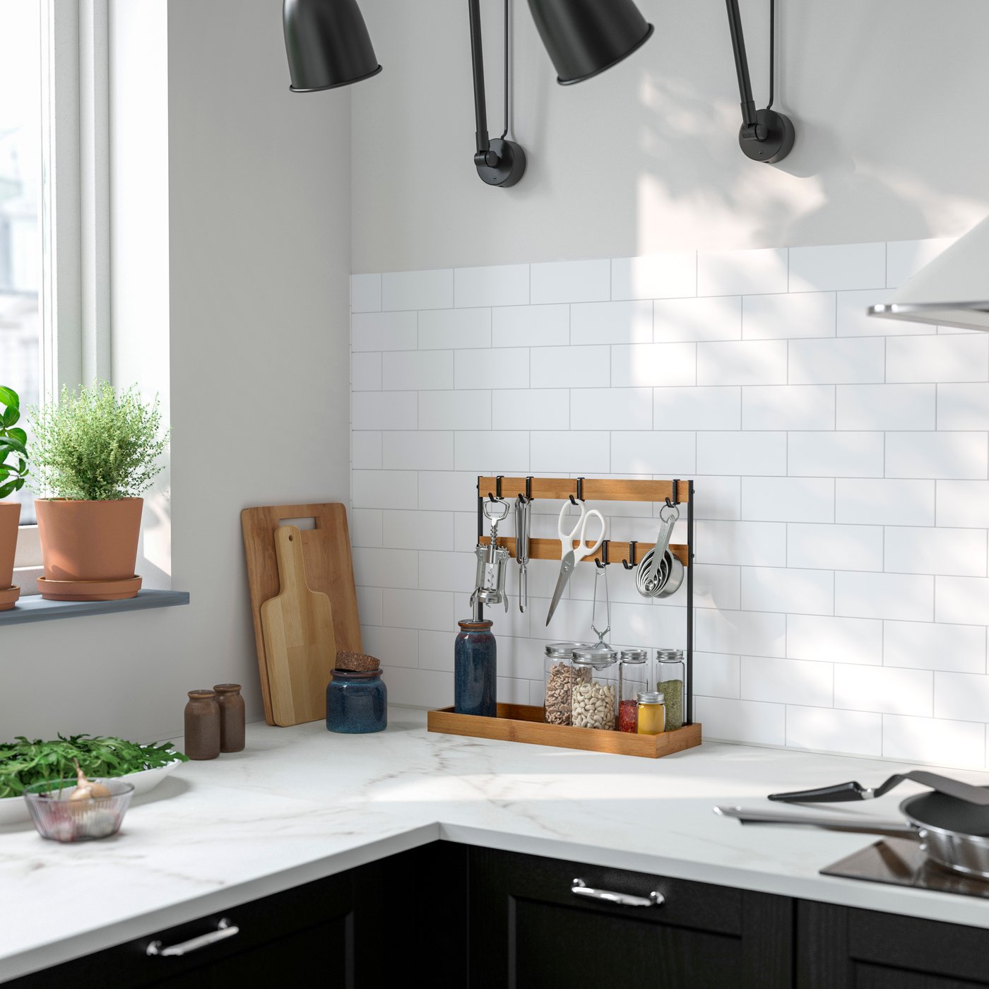 a laminte counter top, marble finish, in a kitchen