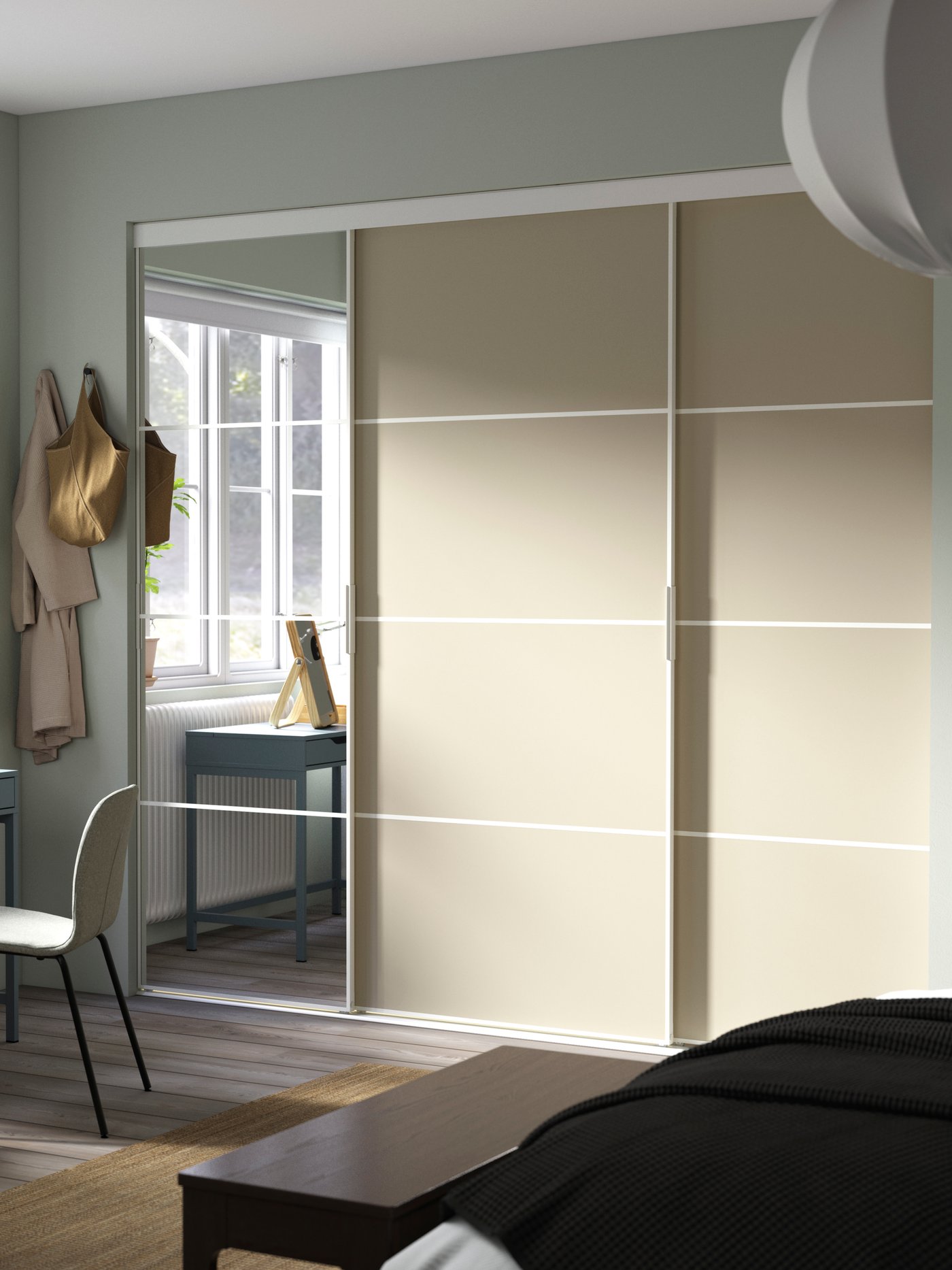 A white Mehamn/Auli/grey-beige mirror glass PAX walk-in wardrobe with sliding doors