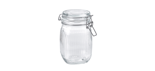 A clear glass KÖSSEBÄR jar with lid