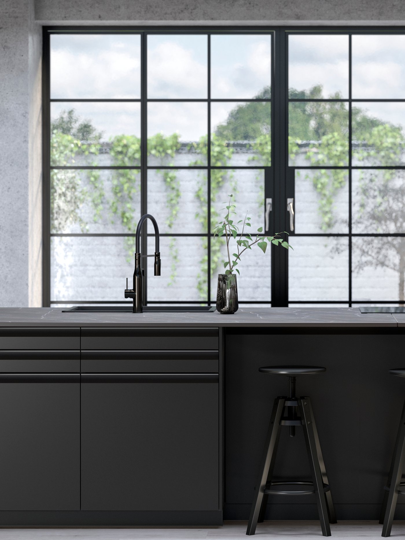 A matt black/brown/marble effect ceramic SKARARP custom-made worktop