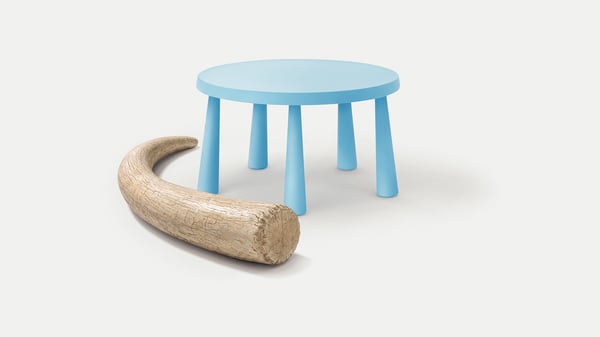 a MAMMUT children's table with a mammoth tusk lying on the floor