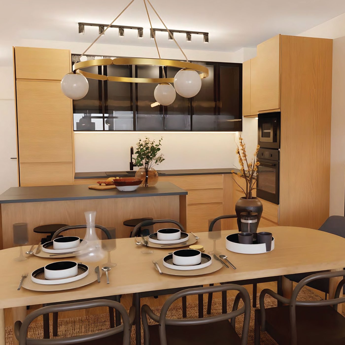 Ugaona kuhinja u boji drveta.